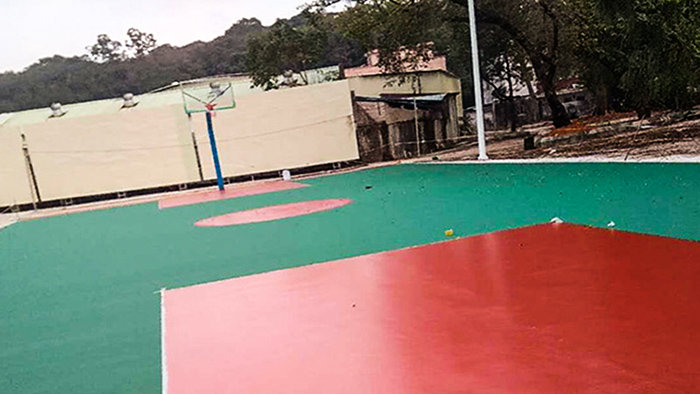 佛山市三水區蚺蛇村與給力體育攜手共創丙烯酸球場籃球架落地而成